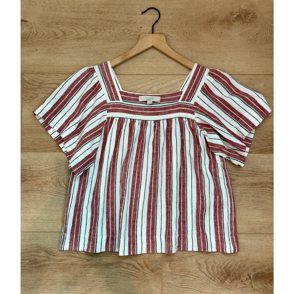 Ann Taylor LOFT Linen Peasant Blouse XS Red White Stripe